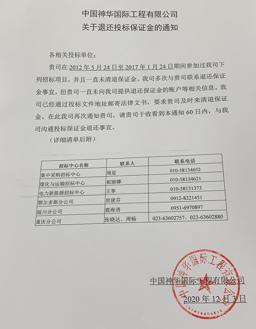 中國神華國際工程有限公司關(guān)于退還投標保證金的通知